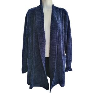 Orvis Womens Navy Blue Chenille Open Front Cardigan Sweater Pockets Size M
